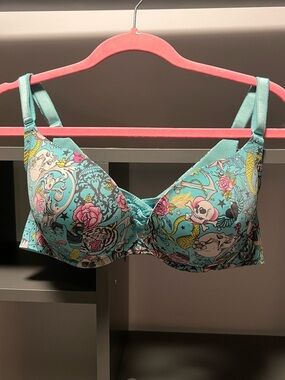 Torrid XO Plunge Push Up Bra - Teal Floral & Skull Print